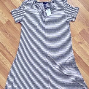 Cream/Black Striped Criss Cross Skater Dress